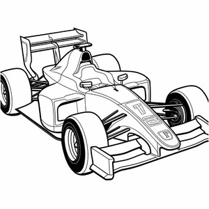A black and white line drawing of a racing car with detailed front wing and suspension.