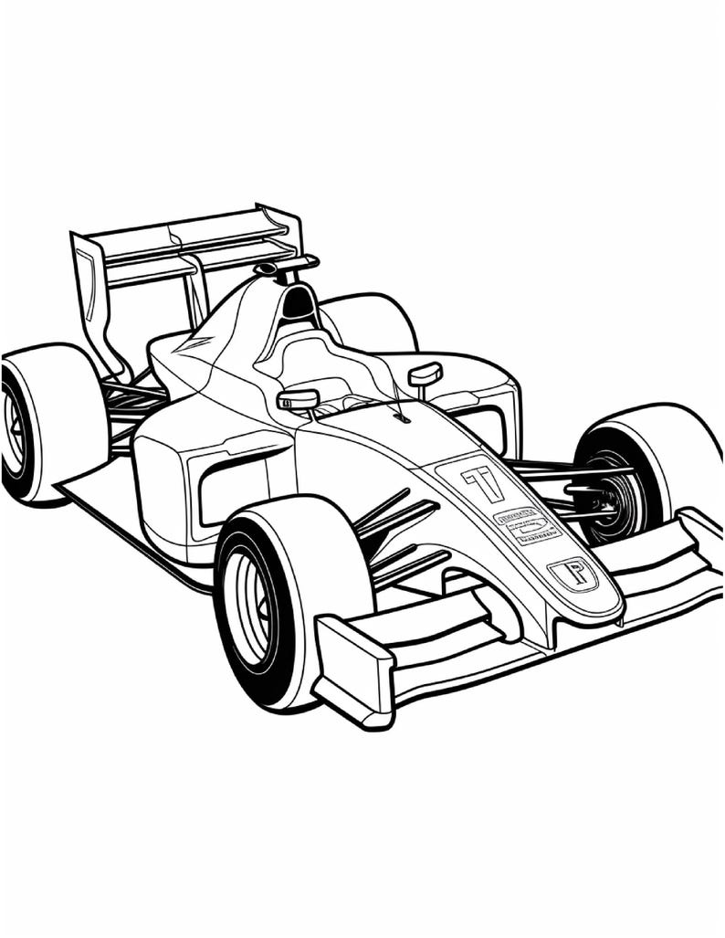A black and white line drawing of a racing car with detailed front wing and suspension.