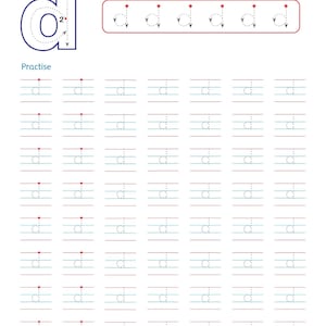 以下が含まれることがあります： Read and trace the small case letter 'd'というテキストが記載された筆記練習用ワークシート。番号付きのストロークガイドが付いた大きな青い文字「d」、6つの点線の「d」が入った赤い枠、そしてなぞり書き用の点線の「d」が並んだ行で構成されています。