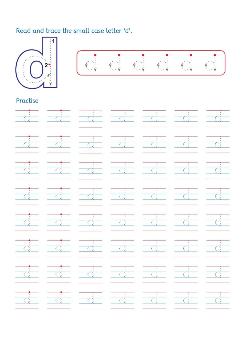 以下が含まれることがあります： Read and trace the small case letter 'd'というテキストが記載された筆記練習用ワークシート。番号付きのストロークガイドが付いた大きな青い文字「d」、6つの点線の「d」が入った赤い枠、そしてなぞり書き用の点線の「d」が並んだ行で構成されています。