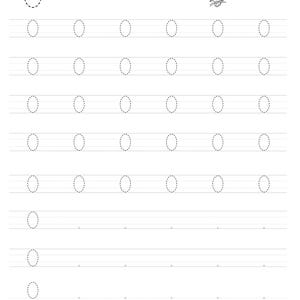 Pode incluir: Uma folha de exerc&iacute;cios educativa em preto e branco para praticar a letra O. A p&aacute;gina apresenta a letra mai&uacute;scula O, a palavra Owl, um pequeno desenho de linha de uma coruja e v&aacute;rias linhas de formas ovais pontilhadas para tra&ccedil;ar.
