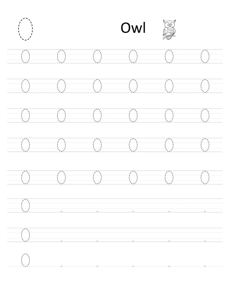 Pode incluir: Uma folha de exerc&iacute;cios educativa em preto e branco para praticar a letra O. A p&aacute;gina apresenta a letra mai&uacute;scula O, a palavra Owl, um pequeno desenho de linha de uma coruja e v&aacute;rias linhas de formas ovais pontilhadas para tra&ccedil;ar.