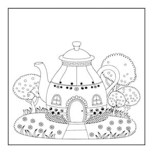 A line art coloring page depicts a teapot-shaped house with a door, windows, and a path, surrounded by bushes, flowers, and trees.