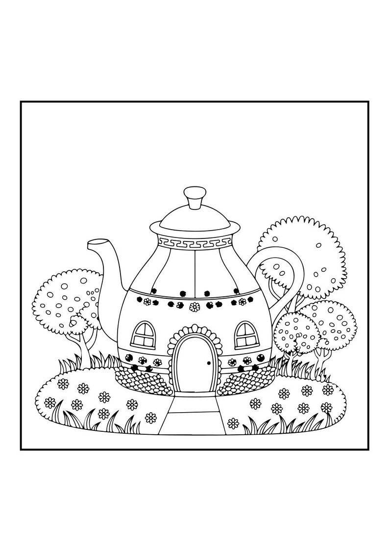 A line art coloring page depicts a teapot-shaped house with a door, windows, and a path, surrounded by bushes, flowers, and trees.
