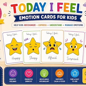 A promotional banner displaying five colorful star-shaped emotion cards reading Today I Feel with the expressions Happy, Sleepy, Afraid, Surprised, and Angry.