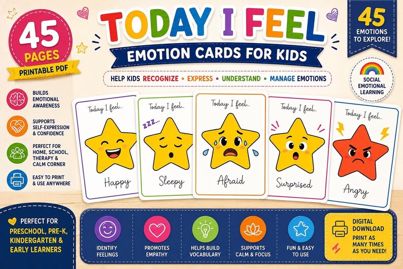 A promotional banner displaying five colorful star-shaped emotion cards reading Today I Feel with the expressions Happy, Sleepy, Afraid, Surprised, and Angry.