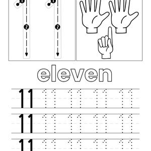 May include: A black and white educational worksheet for the number 11. It features two large number 11s with directional arrows, illustrations of two hands showing ten fingers and one hand showing one finger, the word eleven, and tracing lines.