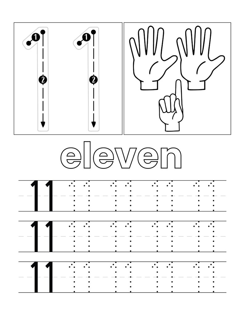 May include: A black and white educational worksheet for the number 11. It features two large number 11s with directional arrows, illustrations of two hands showing ten fingers and one hand showing one finger, the word eleven, and tracing lines.