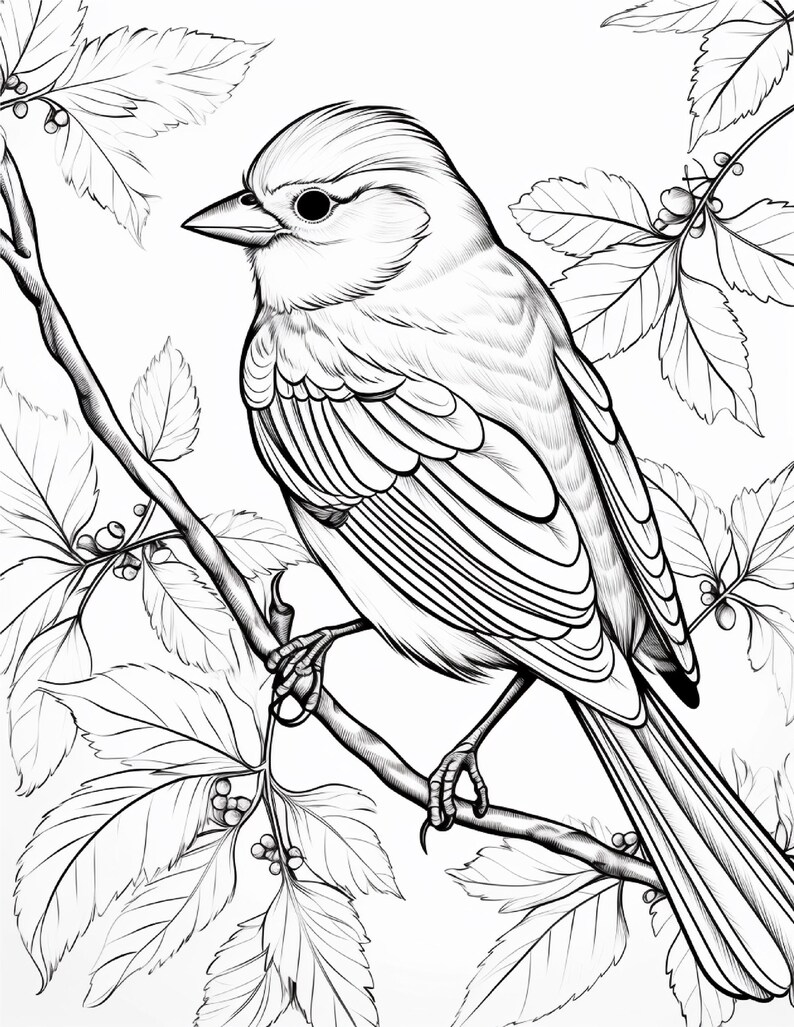 May include: A black and white line art illustration of a small bird perched on a thin branch. The bird is shown in profile, surrounded by detailed leaves and small berries. The drawing features clean, bold outlines and fine shading lines.