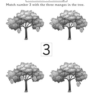 Puede incluir: Una hoja de trabajo educativa en blanco y negro titulada Worksheet 4 (Matching) con la instrucci&oacute;n Match number 3 with the three mangos in the tree. La p&aacute;gina muestra cuatro ilustraciones de &aacute;rboles con mangos y el n&uacute;mero 3 en el centro.