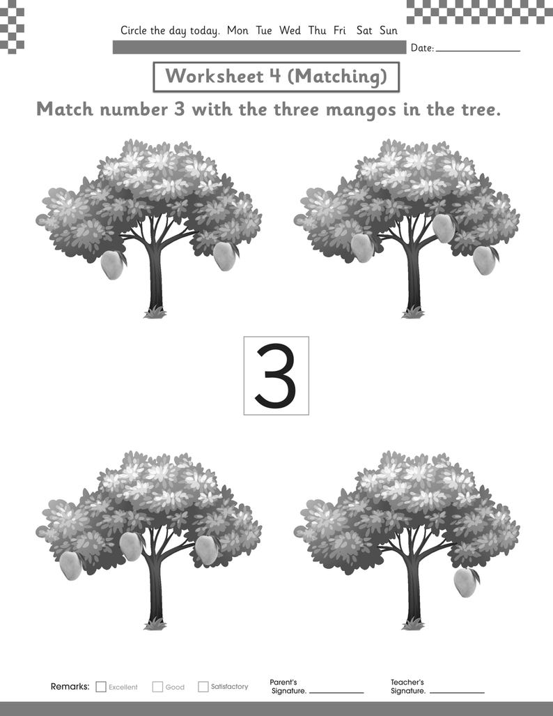 Puede incluir: Una hoja de trabajo educativa en blanco y negro titulada Worksheet 4 (Matching) con la instrucci&oacute;n Match number 3 with the three mangos in the tree. La p&aacute;gina muestra cuatro ilustraciones de &aacute;rboles con mangos y el n&uacute;mero 3 en el centro.