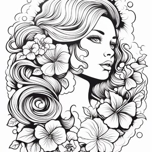 May include: A black and white line art illustration featuring a profile view of a person with long, flowing, wavy hair adorned with several large, detailed hibiscus flowers and leaves, all set against a soft, cloud-like circular background.