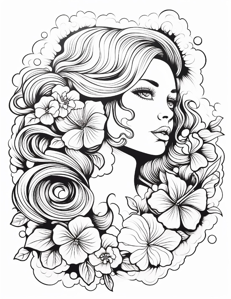 May include: A black and white line art illustration featuring a profile view of a person with long, flowing, wavy hair adorned with several large, detailed hibiscus flowers and leaves, all set against a soft, cloud-like circular background.