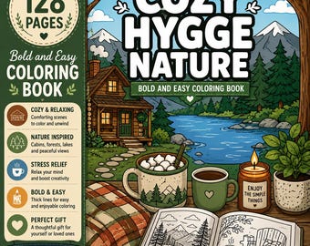 Cozy Hygge Nature Coloring Book, 128 Pages, Bold Easy Adult Scenes (Digital Download)