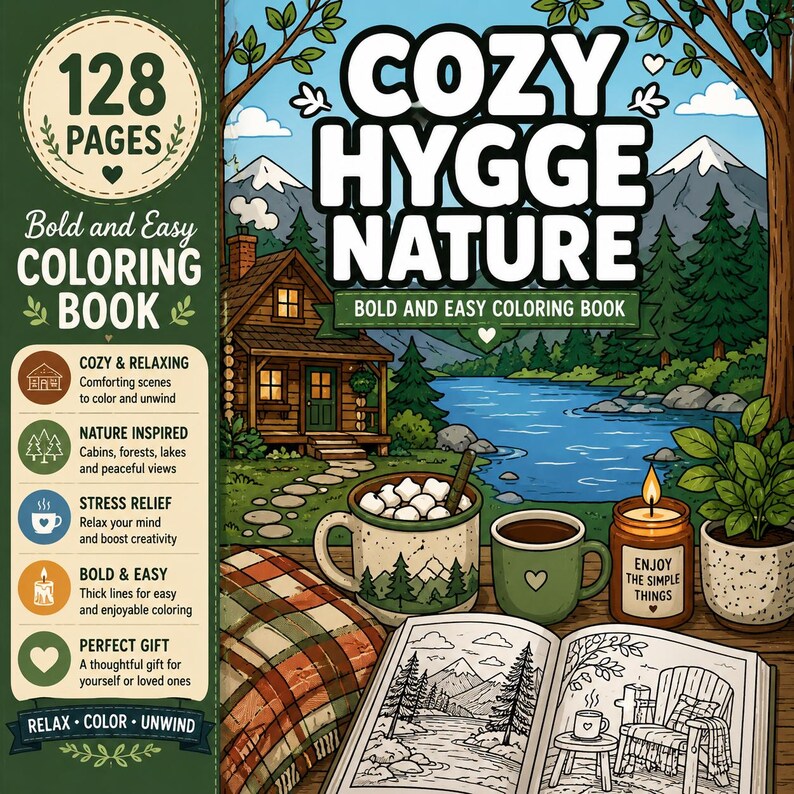Puede incluir: Un libro para colorear de 128 p&aacute;ginas titulado Cozy Hygge Nature con una ilustraci&oacute;n de portada de una caba&ntilde;a junto a un lago, una taza de cacao, una taza verde, una vela con la etiqueta Enjoy The Simple Things, una planta y una p&aacute;gina abierta.