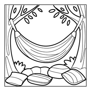 May include: A black and white line art illustration featuring a hammock suspended between two tree trunks. Below the hammock, there are four scattered pillows of varying shapes and sizes resting on the ground, with leaves visible at the top.
