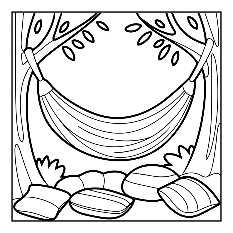 May include: A black and white line art illustration featuring a hammock suspended between two tree trunks. Below the hammock, there are four scattered pillows of varying shapes and sizes resting on the ground, with leaves visible at the top.