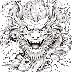 May include: A black and white line art illustration of a dragon head with an open mouth showing sharp teeth. The dragon features detailed fur, flowing whiskers, and prominent horns, surrounded by stylized cloud patterns and swirling smoke.