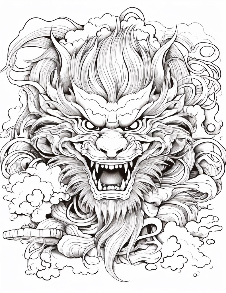 May include: A black and white line art illustration of a dragon head with an open mouth showing sharp teeth. The dragon features detailed fur, flowing whiskers, and prominent horns, surrounded by stylized cloud patterns and swirling smoke.