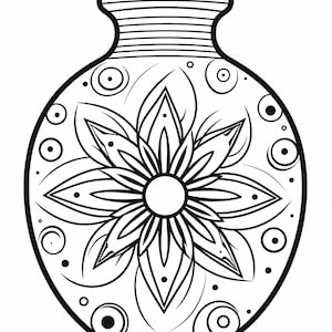 K&ouml;nnte beinhalten: Eine schwarz-wei&szlig;e Strichzeichnung einer bauchigen Vase mit einem zentralen gro&szlig;en Blumenmotiv mit spitzen Bl&uuml;tenbl&auml;ttern. Der Hals der Vase ist mit horizontalen Linien detailliert und der K&ouml;rper ist mit kreisf&ouml;rmigen Mustern und Punkten verziert.