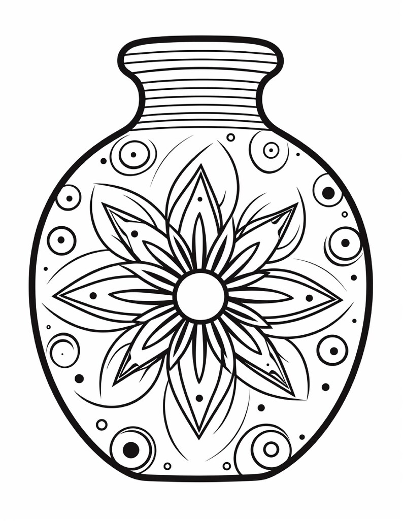 K&ouml;nnte beinhalten: Eine schwarz-wei&szlig;e Strichzeichnung einer bauchigen Vase mit einem zentralen gro&szlig;en Blumenmotiv mit spitzen Bl&uuml;tenbl&auml;ttern. Der Hals der Vase ist mit horizontalen Linien detailliert und der K&ouml;rper ist mit kreisf&ouml;rmigen Mustern und Punkten verziert.