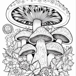 May include: A black and white line art illustration featuring a large central mushroom surrounded by several smaller mushrooms and various floral elements. The mushroom caps are decorated with intricate patterns, including circles and petals.