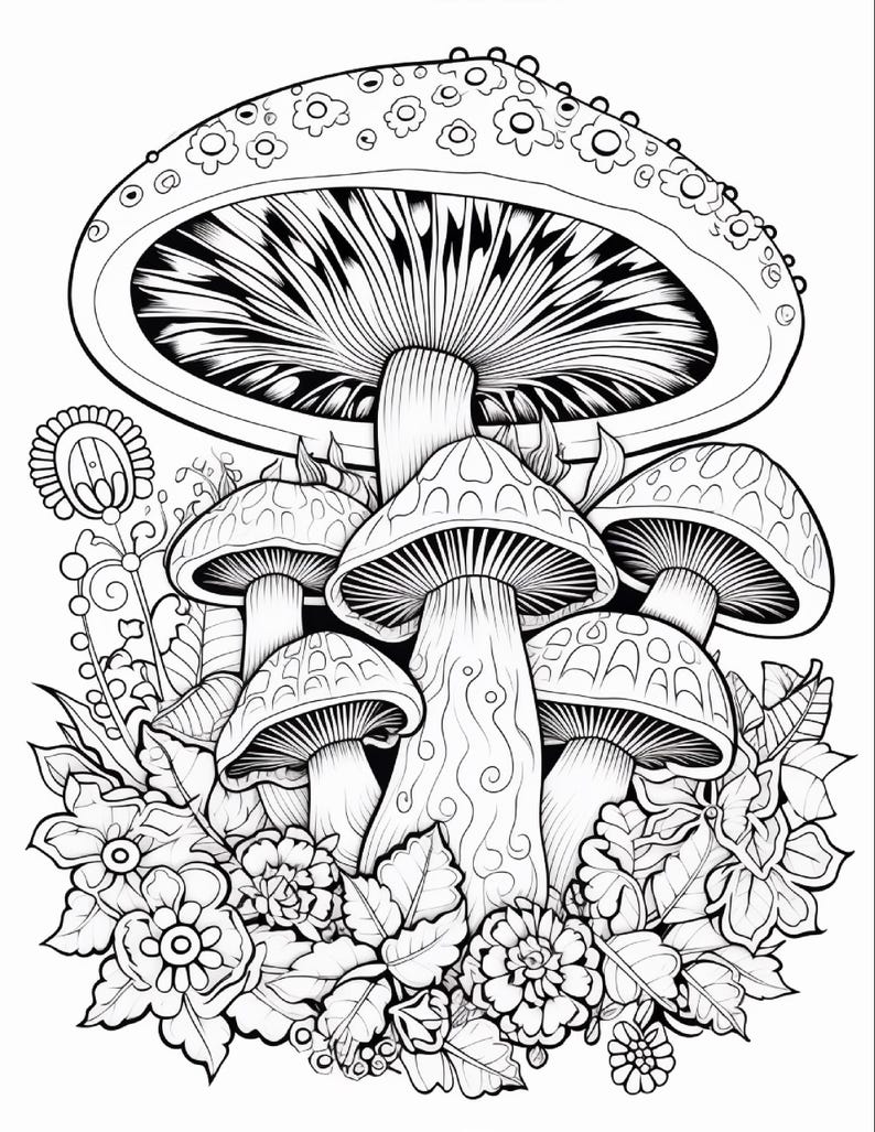 May include: A black and white line art illustration featuring a large central mushroom surrounded by several smaller mushrooms and various floral elements. The mushroom caps are decorated with intricate patterns, including circles and petals.