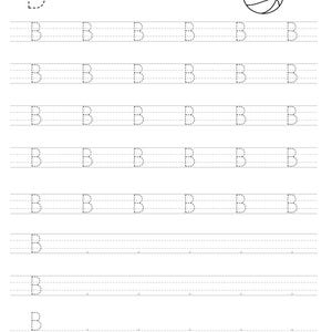 Pode incluir: Uma folha de exerc&iacute;cios educativa a preto e branco para praticar a letra B. A p&aacute;gina apresenta a palavra Ball, um desenho de linha de uma bola e v&aacute;rias linhas de letras B mai&uacute;sculas tracejadas para cobrir em papel pautado.