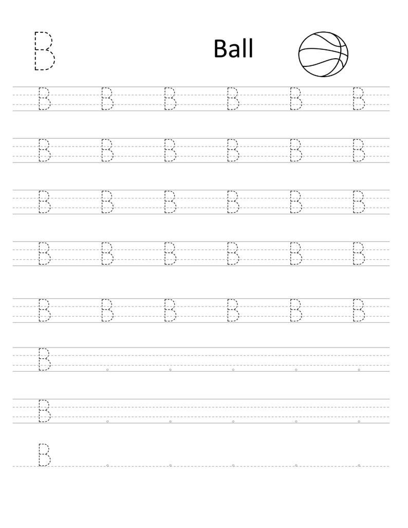 Pode incluir: Uma folha de exerc&iacute;cios educativa a preto e branco para praticar a letra B. A p&aacute;gina apresenta a palavra Ball, um desenho de linha de uma bola e v&aacute;rias linhas de letras B mai&uacute;sculas tracejadas para cobrir em papel pautado.
