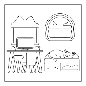 May include: A black and white line art illustration featuring a desk with a computer monitor, a stool, and a chair. Beside the desk is a bed with a sleeping cat. An arched window showing a crescent moon and clouds is positioned on the wall above.