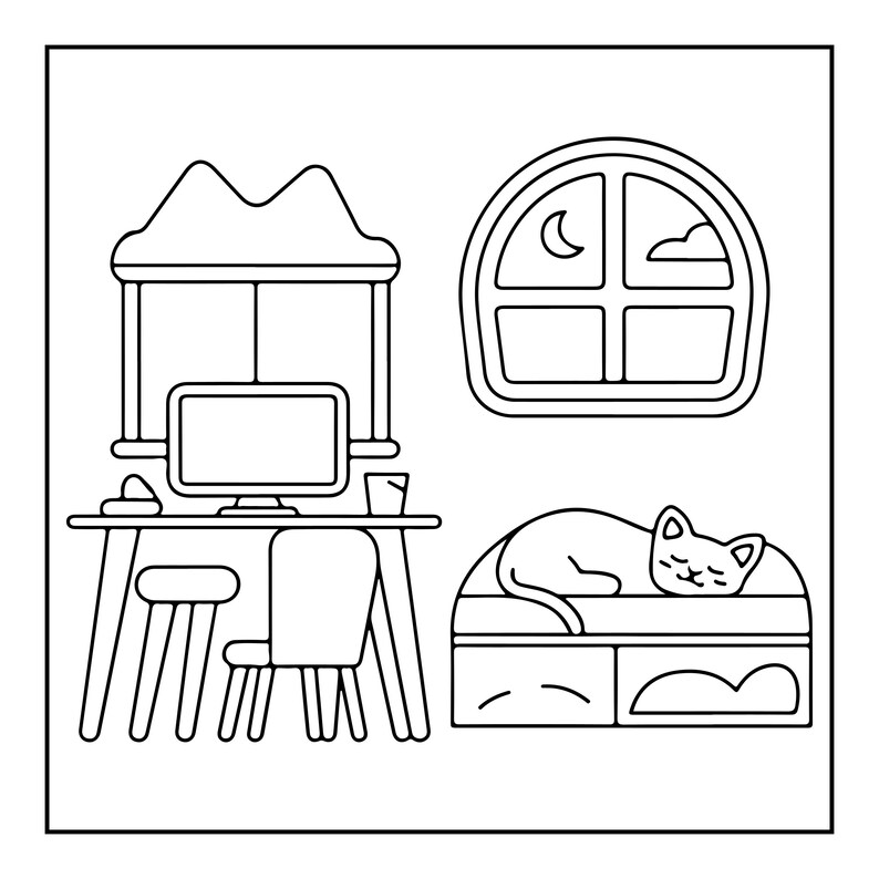 May include: A black and white line art illustration featuring a desk with a computer monitor, a stool, and a chair. Beside the desk is a bed with a sleeping cat. An arched window showing a crescent moon and clouds is positioned on the wall above.