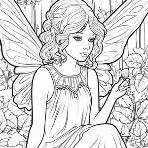 May include: A black and white line art illustration of a fairy with wavy hair and large wings, wearing a sleeveless dress with a decorative neckline. The fairy is positioned among foliage and flowers, holding a small object in one hand.
