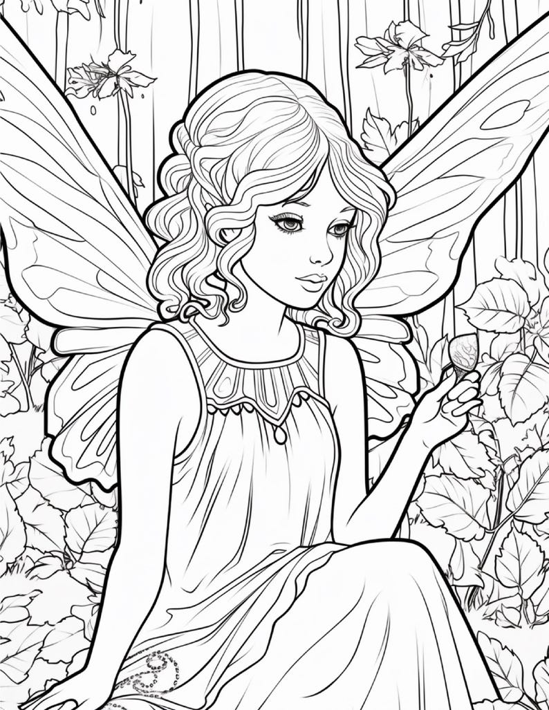 May include: A black and white line art illustration of a fairy with wavy hair and large wings, wearing a sleeveless dress with a decorative neckline. The fairy is positioned among foliage and flowers, holding a small object in one hand.