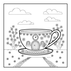 Peut inclure: Une page de coloriage en noir et blanc repr&eacute;sentant une tasse de th&eacute; en forme de maison avec une porte, deux fen&ecirc;tres et une horloge sur le devant. La tasse repose sur une soucoupe, entour&eacute;e de deux arbres en fleurs, de fleurs et de nuages.