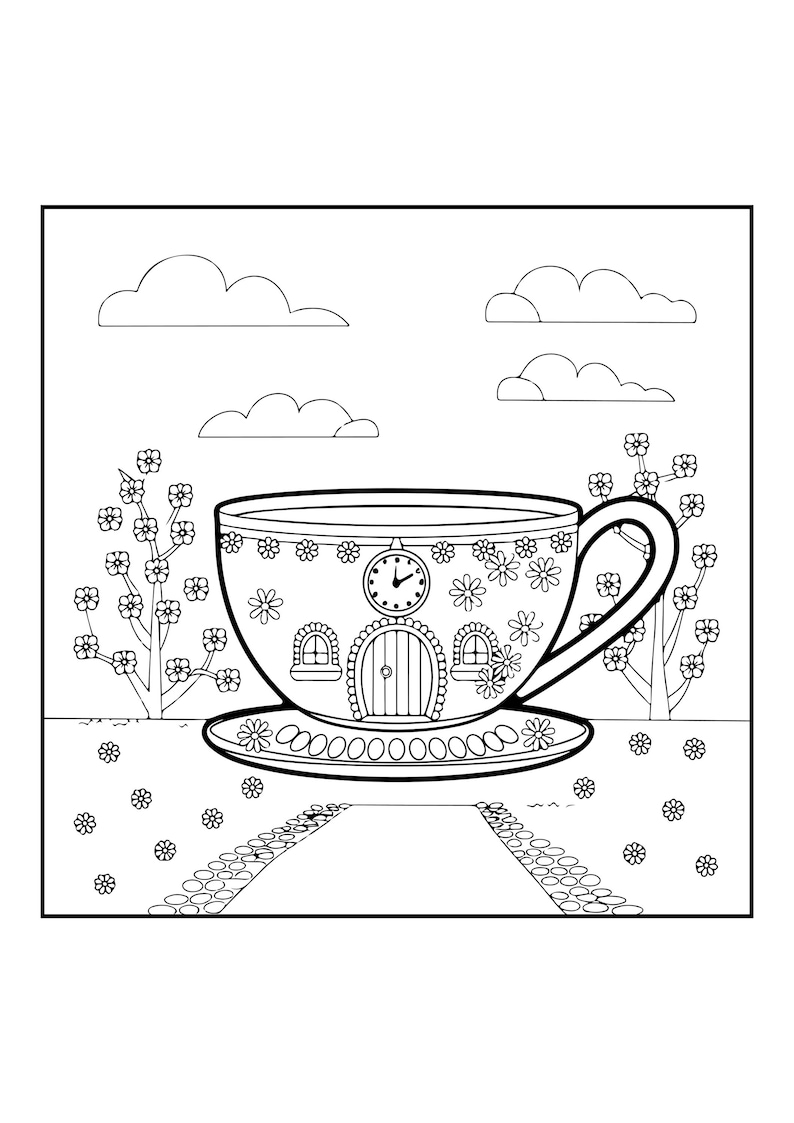 Peut inclure: Une page de coloriage en noir et blanc repr&eacute;sentant une tasse de th&eacute; en forme de maison avec une porte, deux fen&ecirc;tres et une horloge sur le devant. La tasse repose sur une soucoupe, entour&eacute;e de deux arbres en fleurs, de fleurs et de nuages.