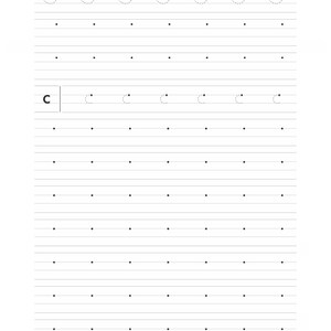 A handwriting practice sheet with dotted guidelines and rows of dots for the letter C.