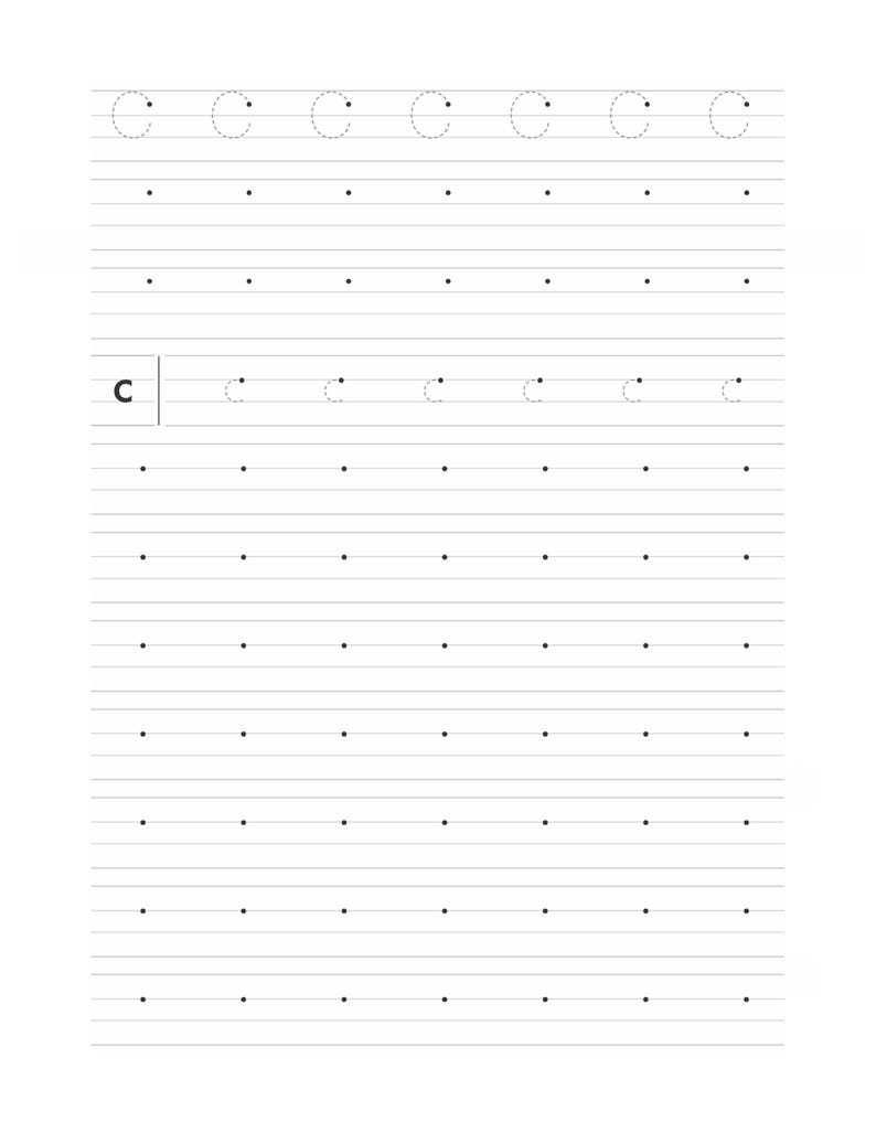 A handwriting practice sheet with dotted guidelines and rows of dots for the letter C.
