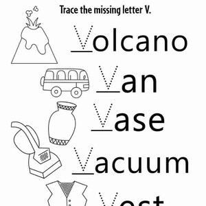 Op de afbeelding: Een zwart-wit educatief werkblad met de titel Trace the missing letter V. Het bevat lijntekeningen van een vulkaan, busje, vaas, stofzuiger en vest, elk gekoppeld aan het bijbehorende woord waarbij de letter V moet worden overgetrokken.