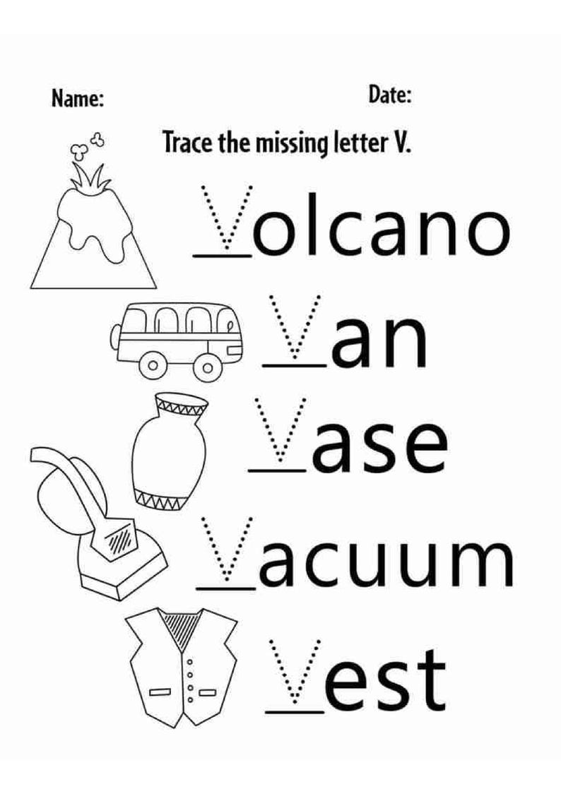 Op de afbeelding: Een zwart-wit educatief werkblad met de titel Trace the missing letter V. Het bevat lijntekeningen van een vulkaan, busje, vaas, stofzuiger en vest, elk gekoppeld aan het bijbehorende woord waarbij de letter V moet worden overgetrokken.