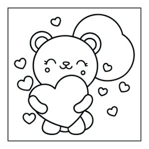 May include: A black and white line art illustration of a cartoon bear with a smiling face, holding a large heart. The bear is surrounded by several smaller heart shapes and a large cloud-like shape in the background, all within a square border.