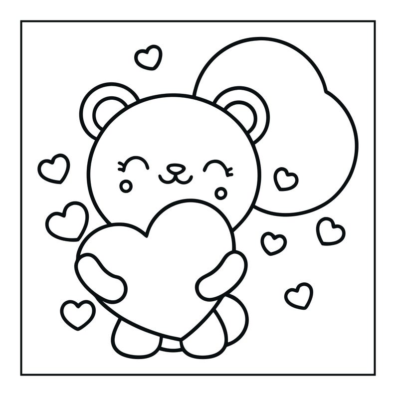 May include: A black and white line art illustration of a cartoon bear with a smiling face, holding a large heart. The bear is surrounded by several smaller heart shapes and a large cloud-like shape in the background, all within a square border.