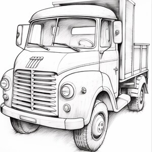 May include: A black and white pencil sketch of a vintage lorry with a large front grille, rounded mudguards, and a flatbed cargo area. The drawing features detailed shading on the tyres, cabin, and bonnet, capturing the classic lines of the vehicle.