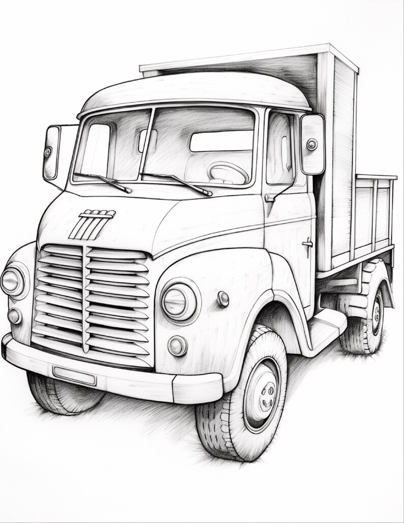 May include: A black and white pencil sketch of a vintage lorry with a large front grille, rounded mudguards, and a flatbed cargo area. The drawing features detailed shading on the tyres, cabin, and bonnet, capturing the classic lines of the vehicle.