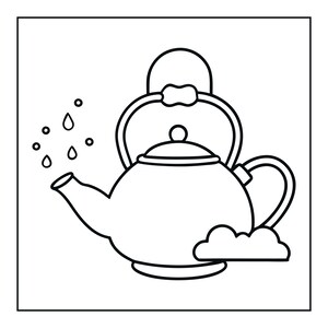 Op de afbeelding: Een zwart-wit lijntekening van een theepot met een rond lichaam, een deksel, een gebogen handvat en een tuit. Verschillende kleine druppelvormen bevinden zich bij de tuit en een wolkachtige vorm bevindt zich aan de onderkant van de theepot.
