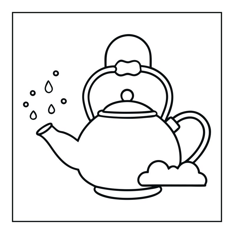 Op de afbeelding: Een zwart-wit lijntekening van een theepot met een rond lichaam, een deksel, een gebogen handvat en een tuit. Verschillende kleine druppelvormen bevinden zich bij de tuit en een wolkachtige vorm bevindt zich aan de onderkant van de theepot.