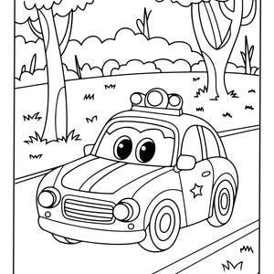 Puede incluir: Una p&aacute;gina para colorear en blanco y negro con un coche de polic&iacute;a de dibujos animados con ojos grandes y un emblema de estrella en la puerta. El veh&iacute;culo circula por una carretera rodeada de &aacute;rboles y arbustos, con una barra de luces en el techo.