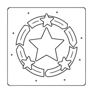 May include: A square icon featuring a central five-pointed star surrounded by a circular arrangement of three smaller stars and curved segments. The design is rendered in black outlines on a white background with small scattered dots.