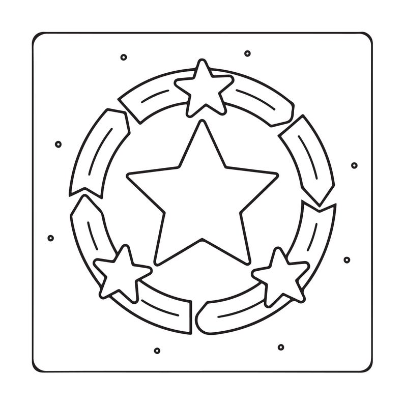 May include: A square icon featuring a central five-pointed star surrounded by a circular arrangement of three smaller stars and curved segments. The design is rendered in black outlines on a white background with small scattered dots.