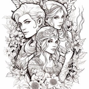 May include: A black and white line art illustration featuring three figures with detailed facial features, wearing ornate headpieces and clothing, surrounded by a dense arrangement of various leaves, vines, and blooming flowers in a circular composition.