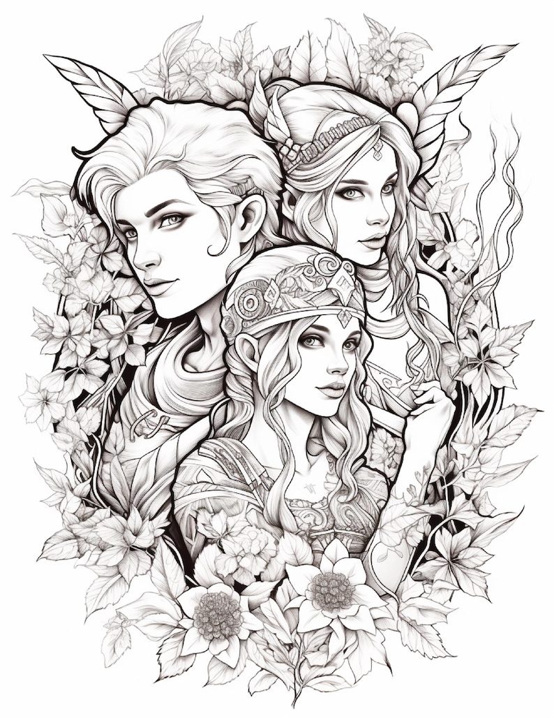 May include: A black and white line art illustration featuring three figures with detailed facial features, wearing ornate headpieces and clothing, surrounded by a dense arrangement of various leaves, vines, and blooming flowers in a circular composition.